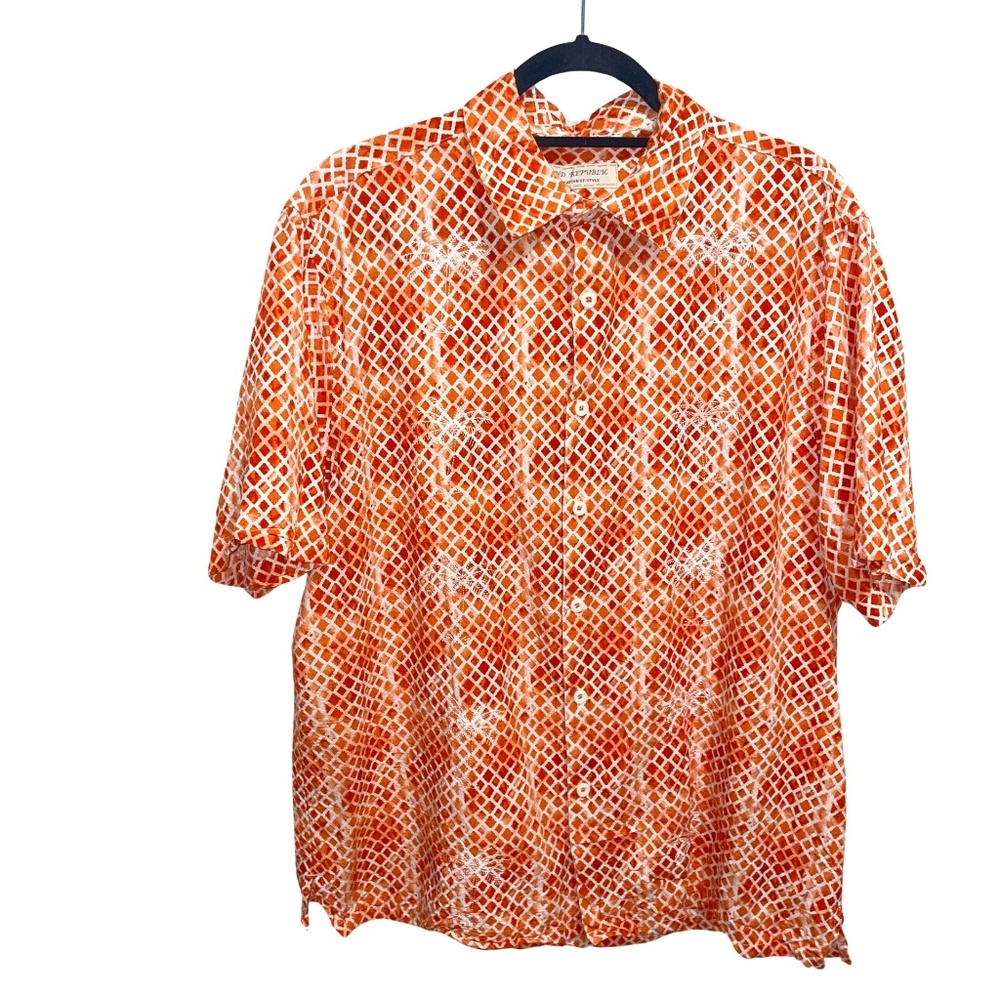 Island Republic Men's Silk Blend Orange/White Shirt Embroidered Palm Trees XL